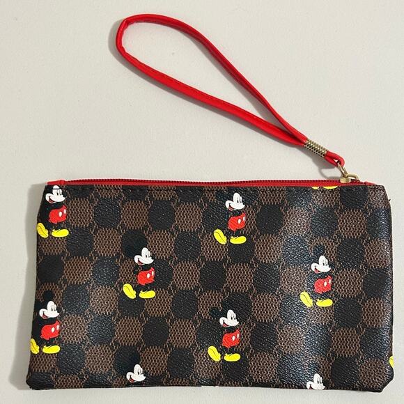 Mickey Mouse Wristlet Faux Leather Brown Checkered with Red Strap - Picture 4 of 10